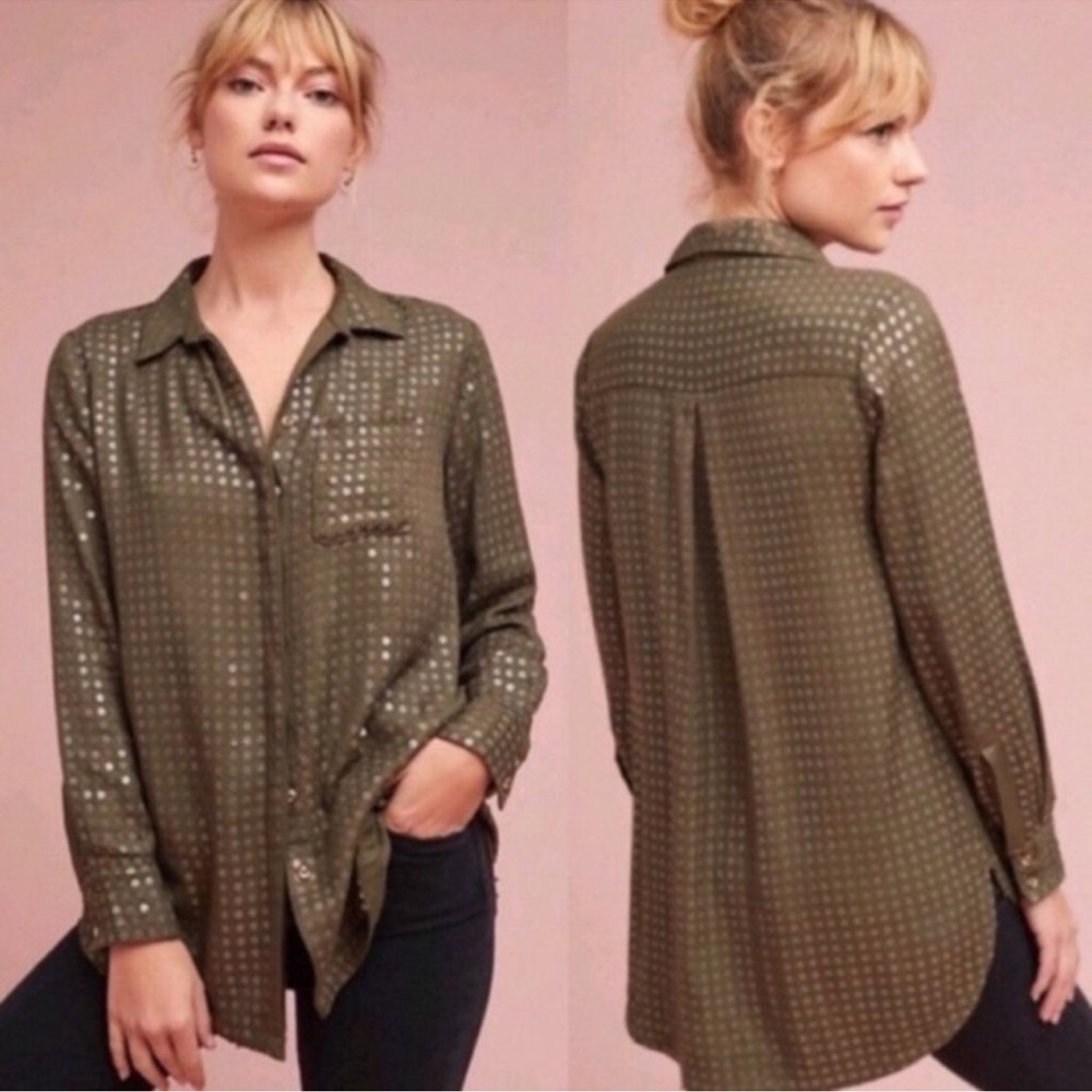 Anthropologie Maeve Arwa Olive Green Sequin Button Down Top Small